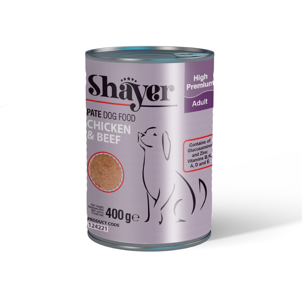 کنسرو سگ شایر پته مرغ و گوشت Shayer وزن 400 گرم