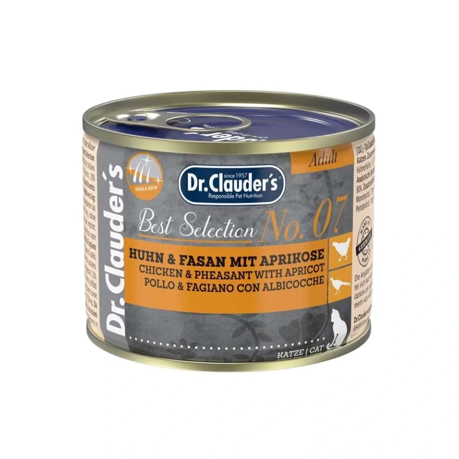 Dr.clauders-Best-Selection-Adult-Chicken-Pheasant-With-Apricot (1) copy کنسرو گربه مرغ و بلدرچین دکتر کلادرز 200g - Image 1