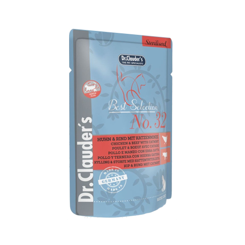 4014355260329 پوچ گربه دکتر کلادرز عقیم شده مرغ، گوشت و کتنیپ Dr.Clauder’s وزن 85 گرم