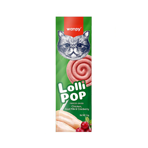 تشویقی آبنباتی گربه ونپی مرغ، شیر بز و کرنبری Wanpy Lollipop وزن 1.4 گرم