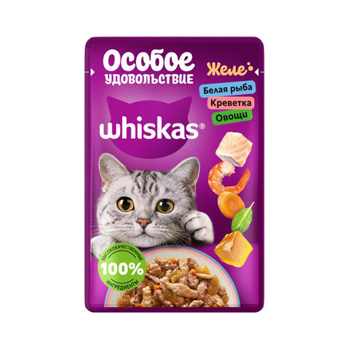 4670082520916 پوچ گربه بالع ویسکاس ماهی سفید، میگو و سبزیجات در ژله Whiskas وزن 75 گرم