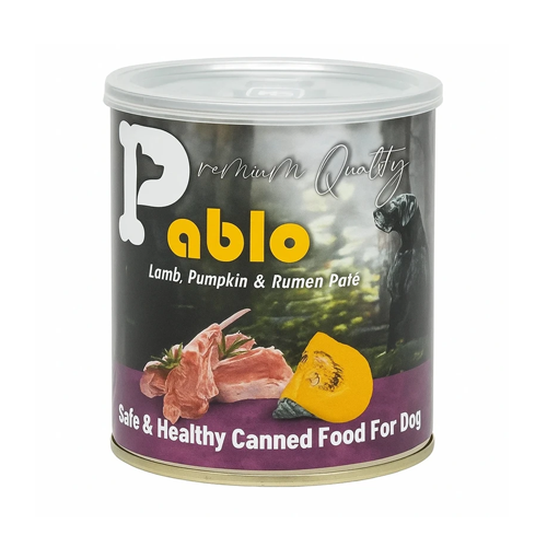 6265717305341 کنسرو سگ بالغ سوپرپرمیوم پابلو پته بره، کدو تنبل و سیرابی Pablo وزن 800 گرم
