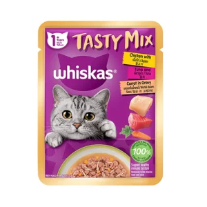 پوچ گربه بالغ ويسکاس ماهي تن، مرغ و هويج در سس Whiskas وزن 70 گرم