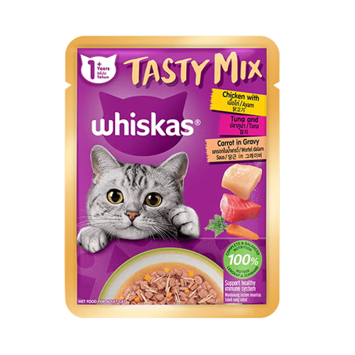 8853301004916 پوچ گربه بالغ ويسکاس ماهي تن، مرغ و هويج در سس Whiskas وزن 70 گرم