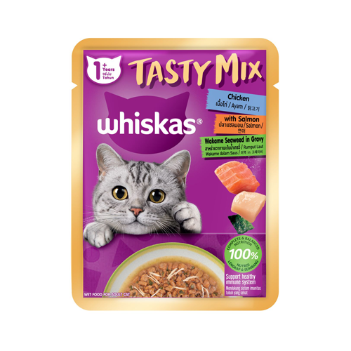 8853301004992 پوچ گربه بالغ ويسکاس ماهي سالمون، مرغ و جلبک در سس Whiskas وزن 70 گرم